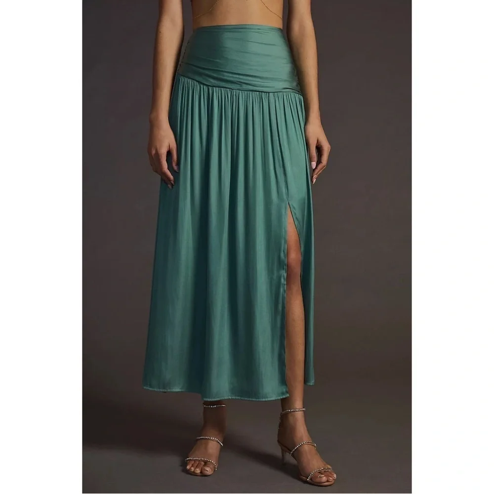 Anthropologie Current Air Green Satin Slit Midi Skirt XS Resort Vacation NWT